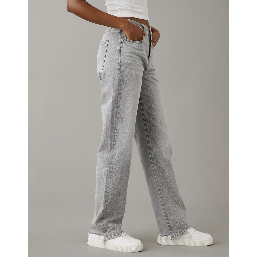 AE Rhinestoned Super High-Waist Baggy-Straight Glacier Gray Raw Hem Strigid Jean - Picture 3 of 16
